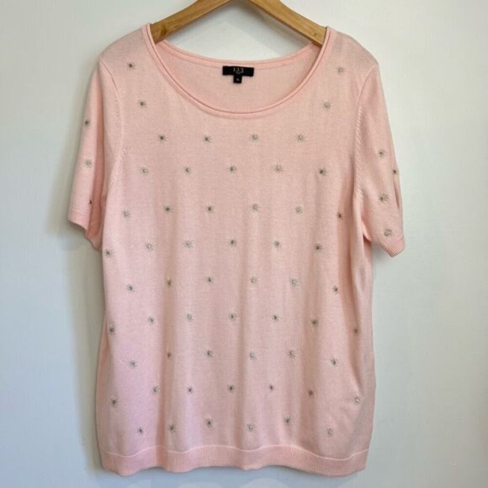 1 2 3 Paris Women’s XL Pink Short Sleeve Light Knit Shirt Top Blouse Dainty